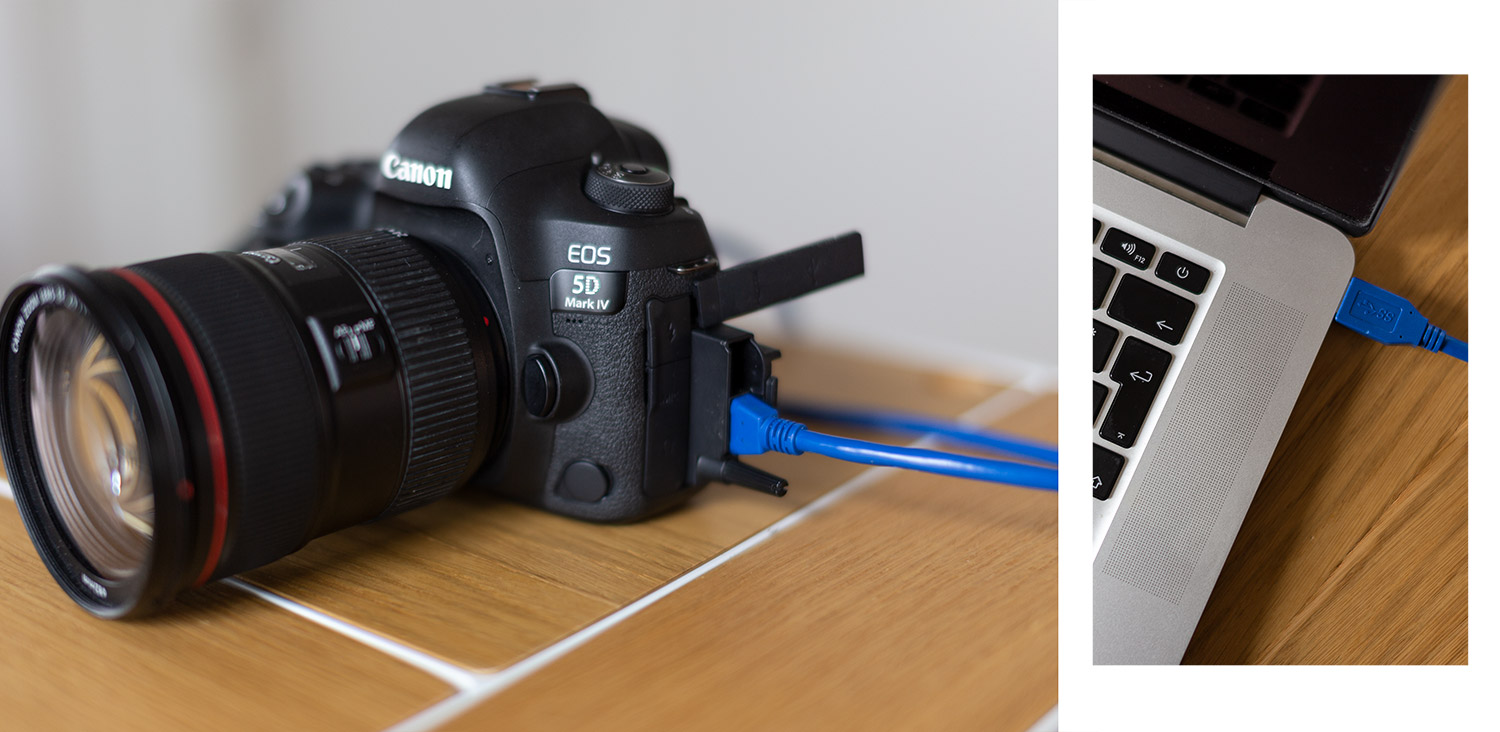 Kamera mit Tether Kabel am Laptop