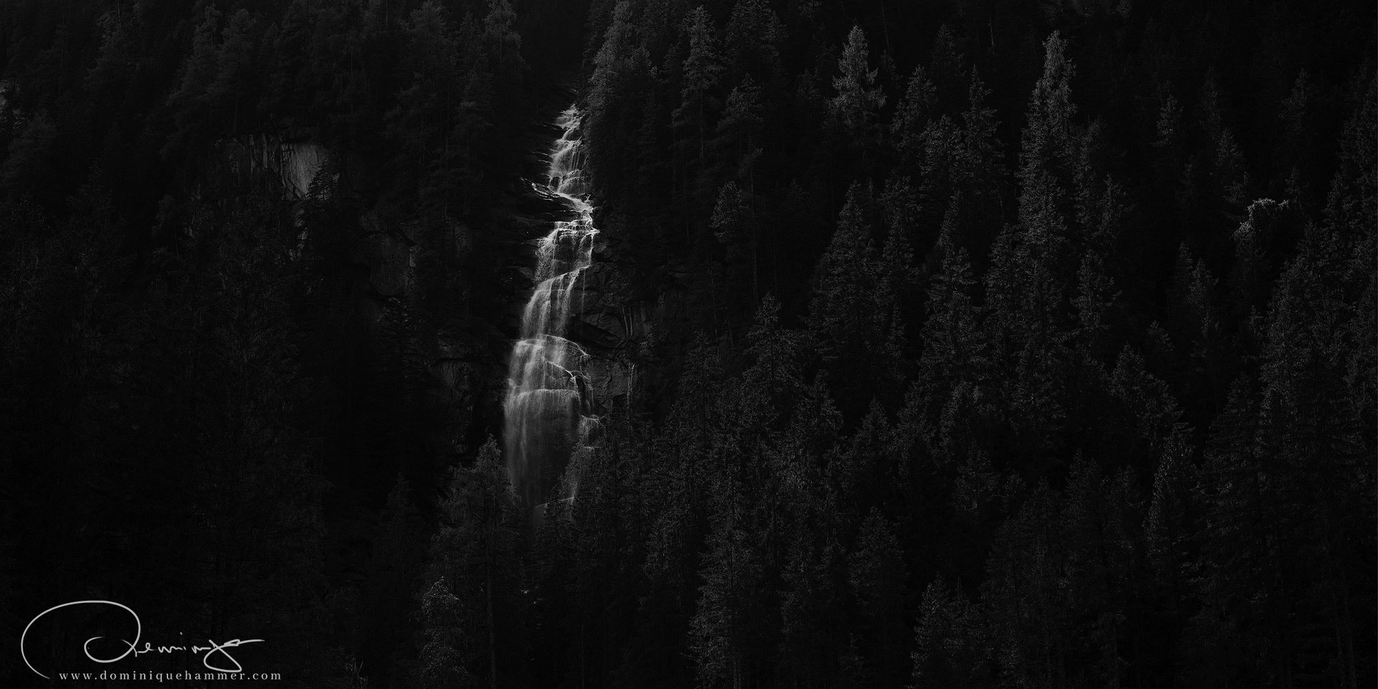 Eine schwarz weiss Aufnahme eines Wasserfalls ungeben von B&auml;umen von Fotograf Dominique Hammer